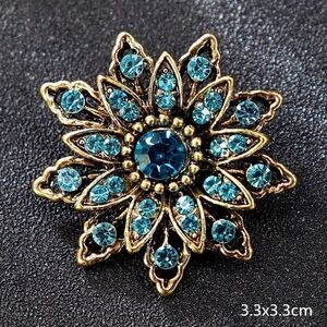 Small Dainty Blue Rhinestone Flower Brooch Pin Brushed Antique Gold Tone
